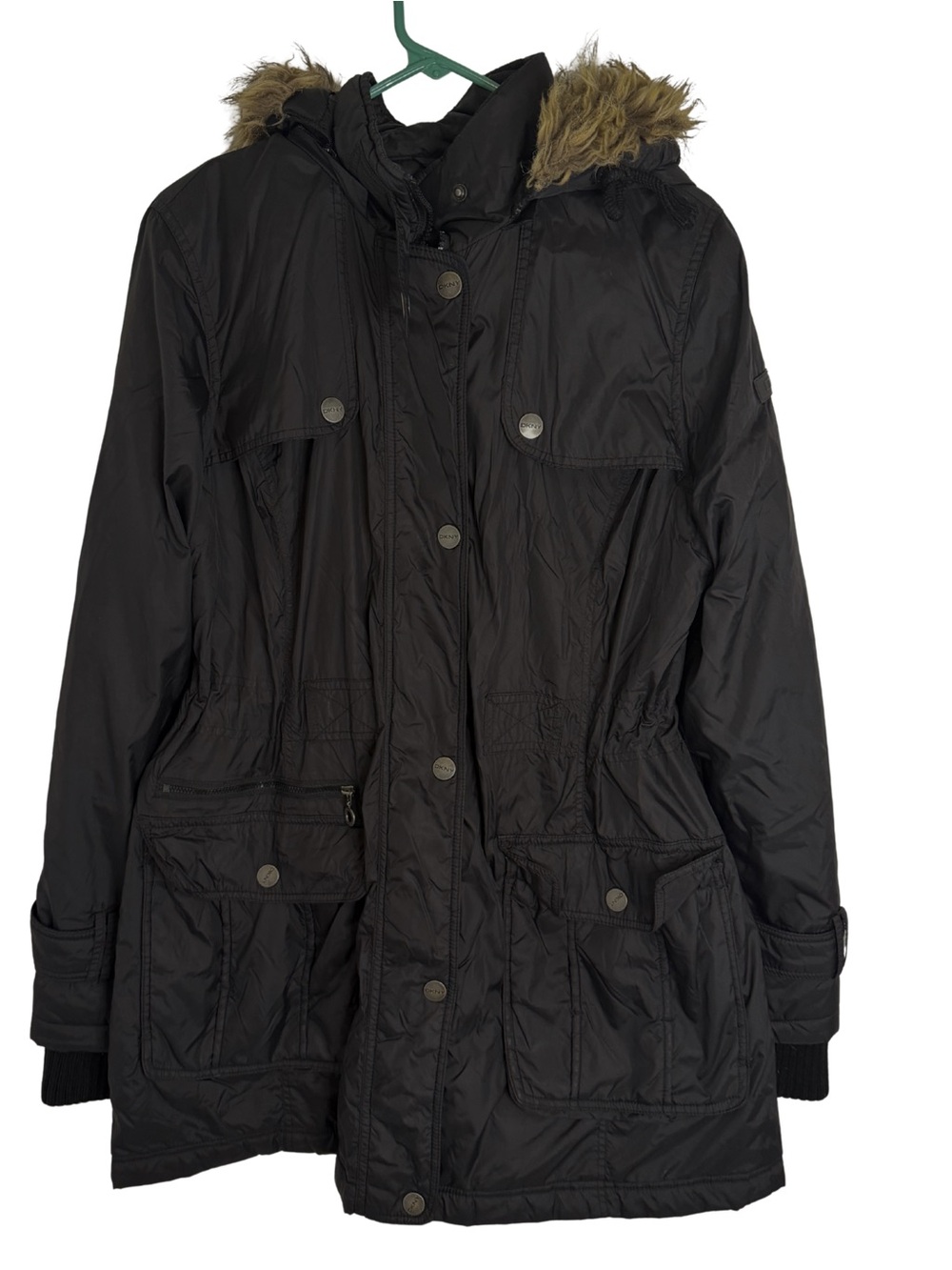 DKNY Anorak Coat Black Detachable Faux Fur Hood Coat Size Large